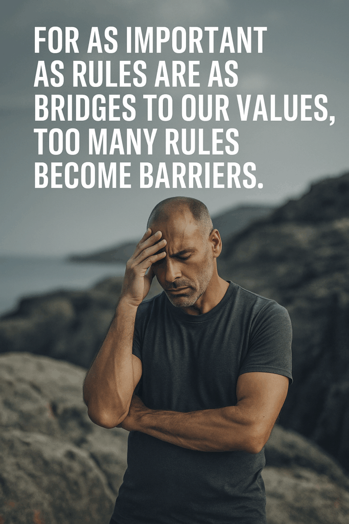 A man stands at the edge of a river, facing his reflection on the opposite shore. One side is shadowed and rocky, the other glowing with sunlight, symbolizing the struggle between inner limitations and freedom through purpose.